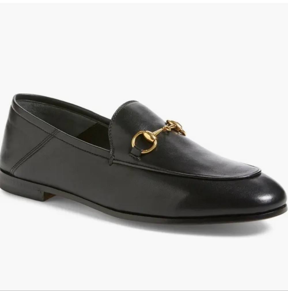 Gucci Black Leather Brixton Loafers with Gold Horsebit Accent